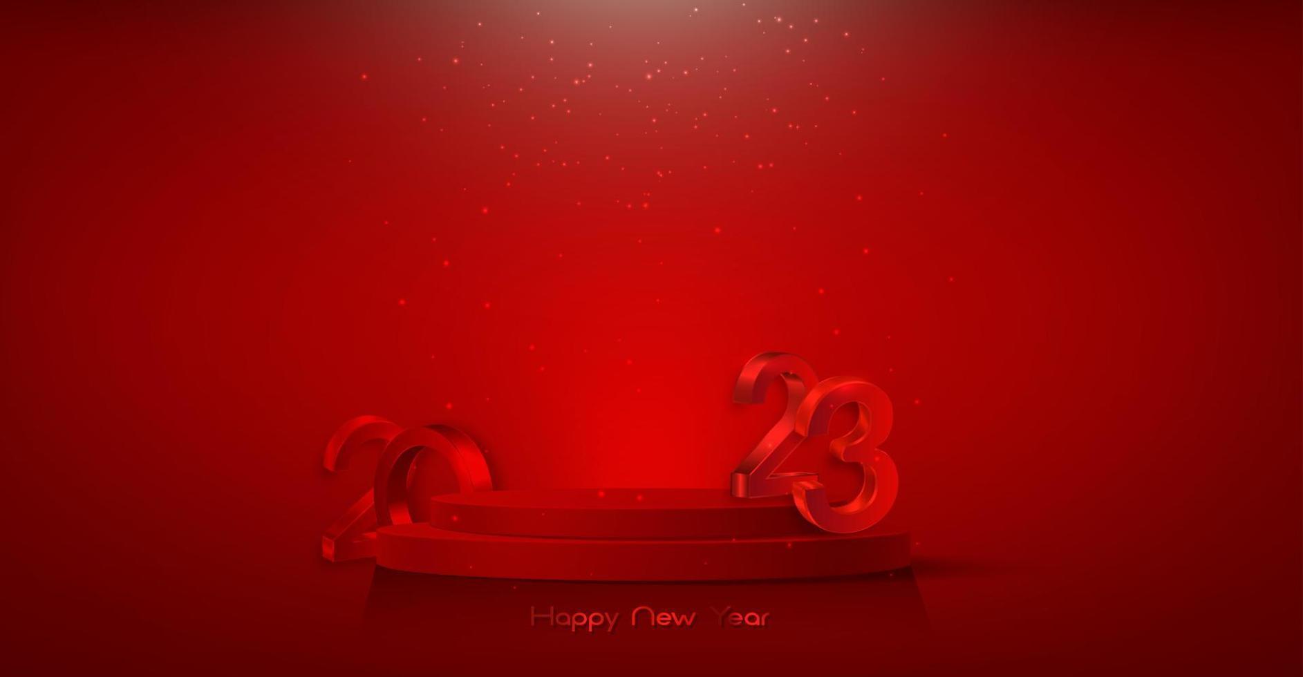 3d 2023 avec bannière podium, fête du nouvel an, chiffres en aluminium rouge, forme cylindrique d'affichage du produit, plate-forme festive pour les vacances. modèle de luxe de vecteur isolé sur fond rouge