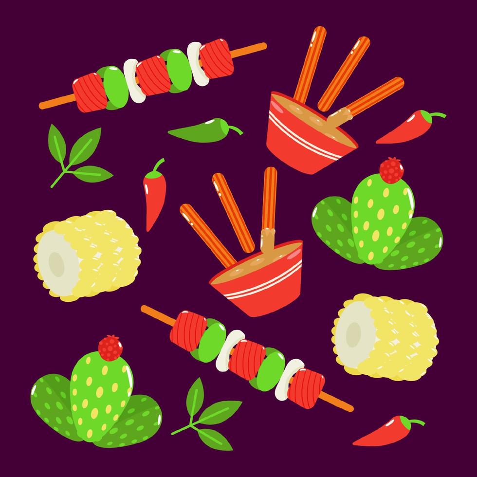 nourriture mexicaine. bâtonnets de fromage frits, barbecue, maïs et motif de fruits de cactus vecteur