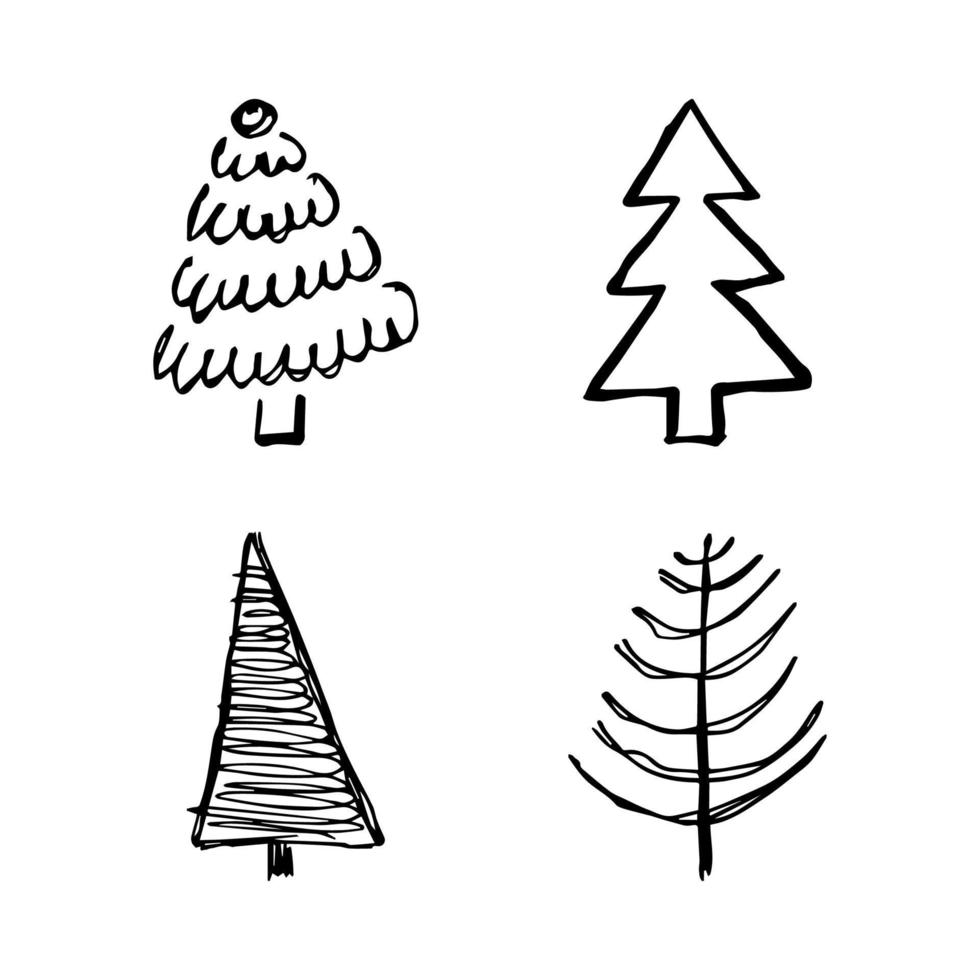 arbres de noël dessinés à la main. ensemble de quatre illustrations monochromes esquissées de sapins. éléments de doodle de vacances d'hiver. illustration vectorielle vecteur