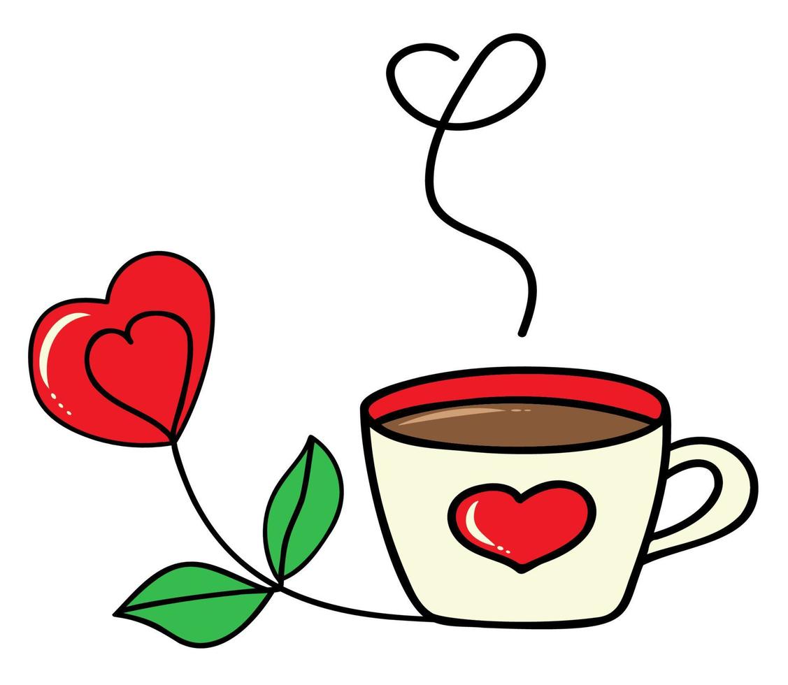 illustration vectorielle - une tasse avec un dessin en forme de coeur, une plante aux feuilles vertes et un coeur. illustration pour la saint-valentin, la saint-valentin, le 8 mars. style doodle. vecteur