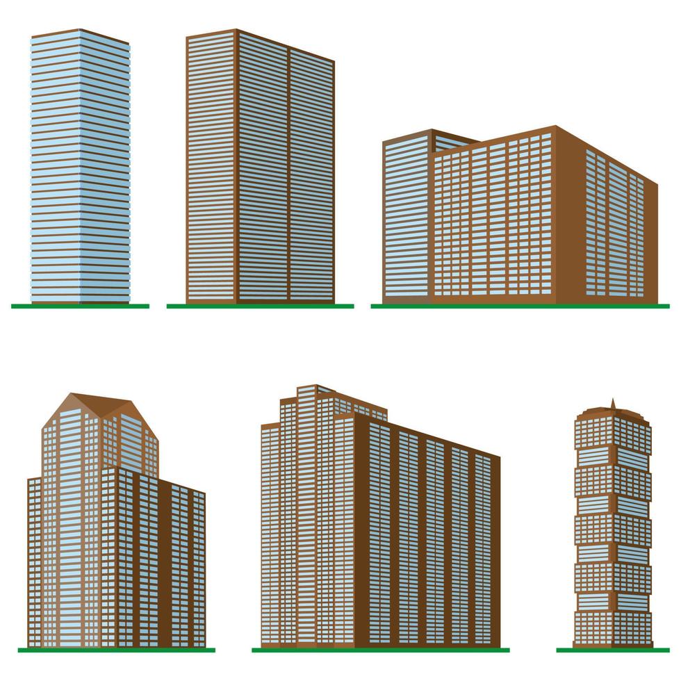 ensemble de six immeubles de grande hauteur modernes sur fond blanc. vue du bâtiment depuis le bas. illustration vectorielle isométrique. vecteur