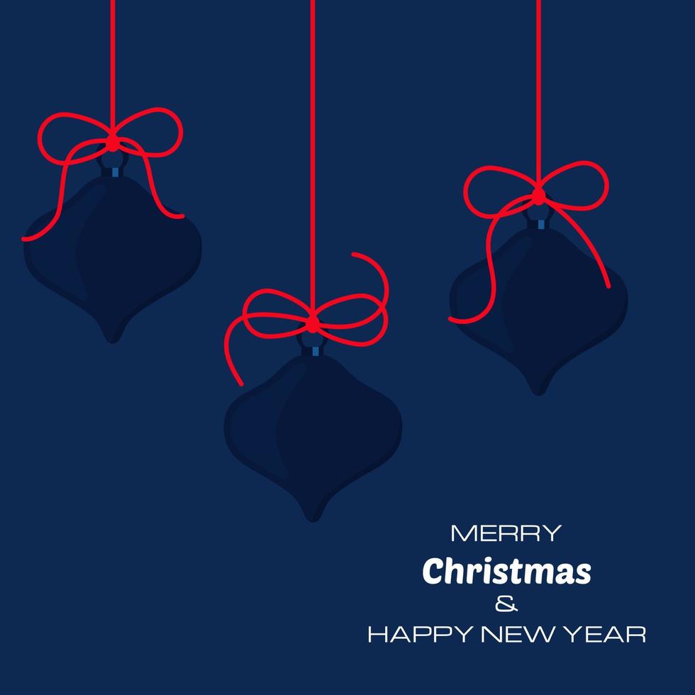 joyeux noël et bonne année fond bleu foncé avec trois boules de noël. fond de vecteur pour vos cartes de voeux, invitations, affiches festives.