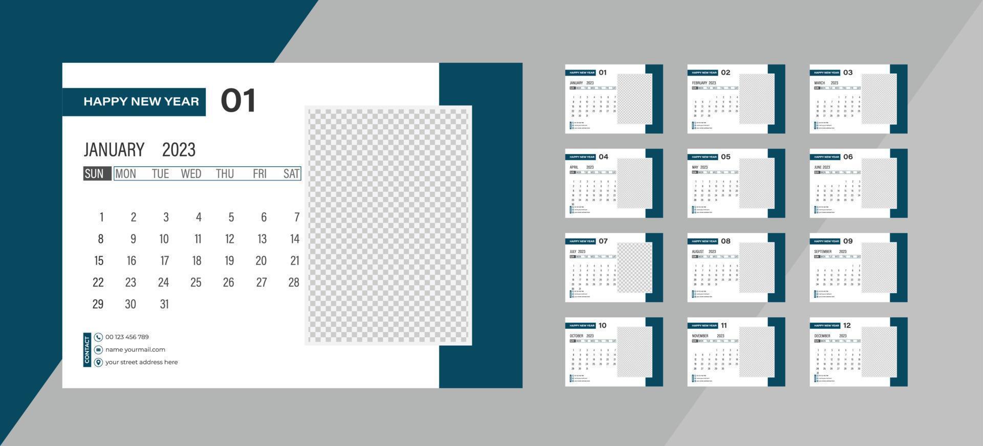 calendrier photo mensuel de bureau 2023. mise en page simple du calendrier photo horizontal mensuel pour le nouvel an 2023 en anglais. calendrier de couverture et modèles de 12 mois. vecteur