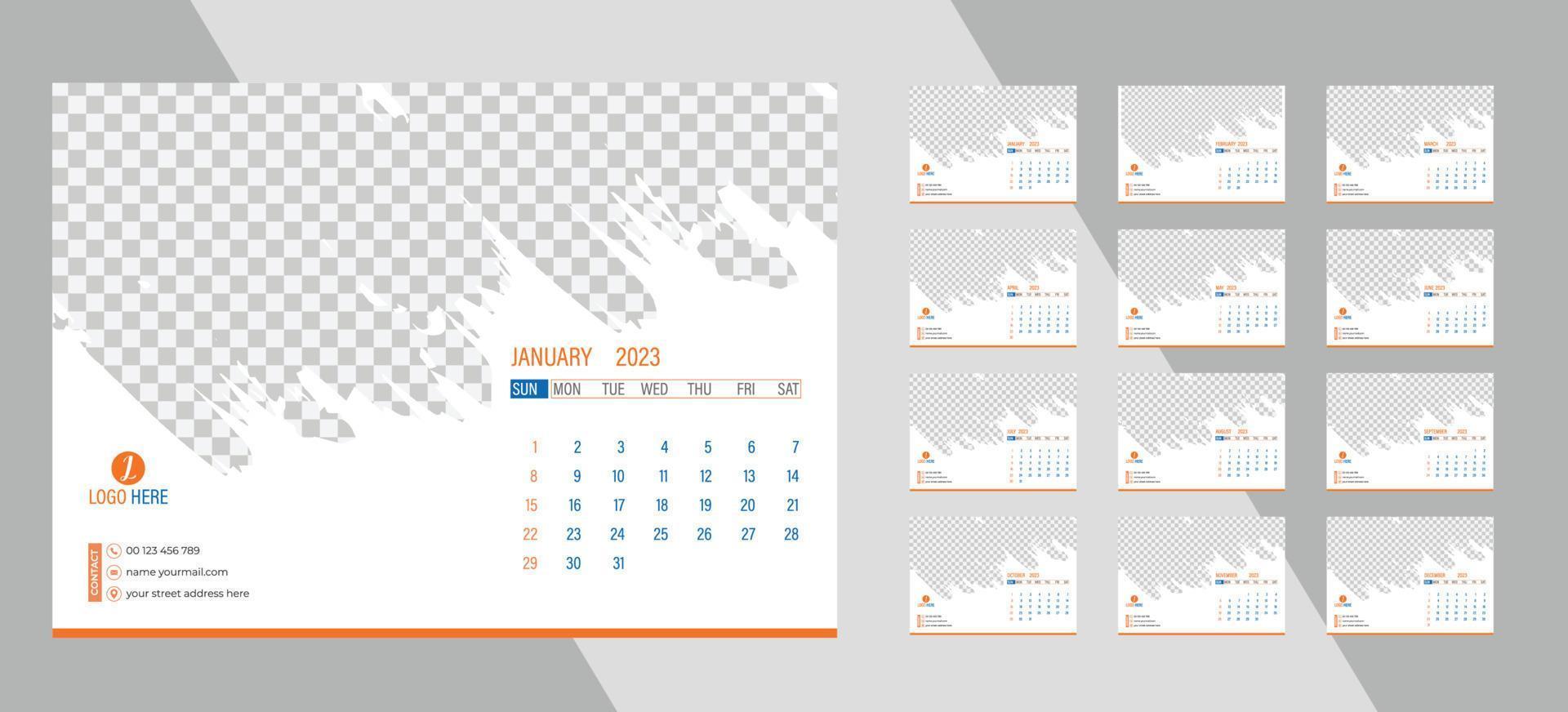 calendrier photo mensuel de bureau 2023. mise en page simple du calendrier photo horizontal mensuel pour le nouvel an 2023 en anglais. calendrier de couverture et modèles de 12 mois. vecteur