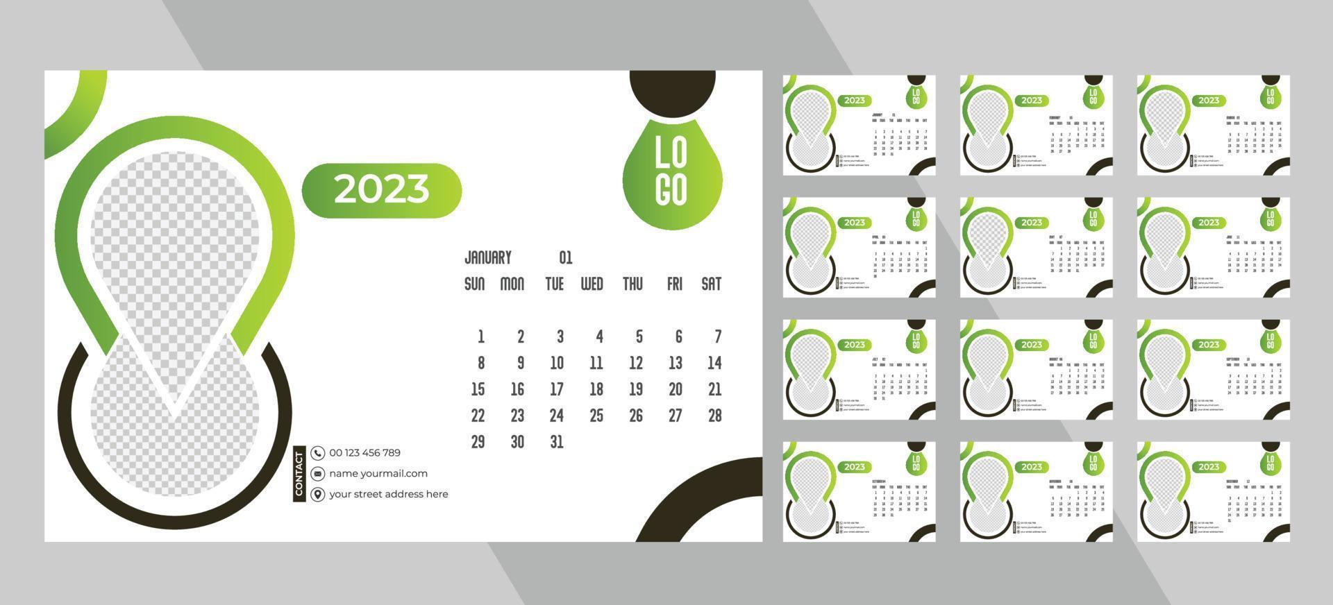 calendrier photo mensuel de bureau 2023. mise en page simple du calendrier photo horizontal mensuel pour le nouvel an 2023 en anglais. calendrier de couverture et modèles de 12 mois. vecteur