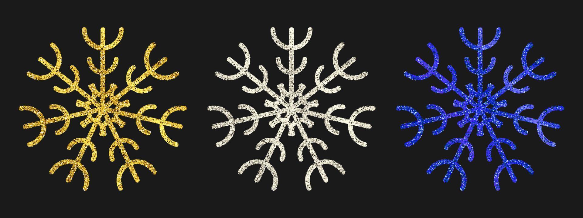 flocons de neige scintillants sur fond sombre. ensemble de trois flocons de neige à paillettes dorées, argentées et bleues. éléments de décoration de noël et du nouvel an. illustration vectorielle. vecteur