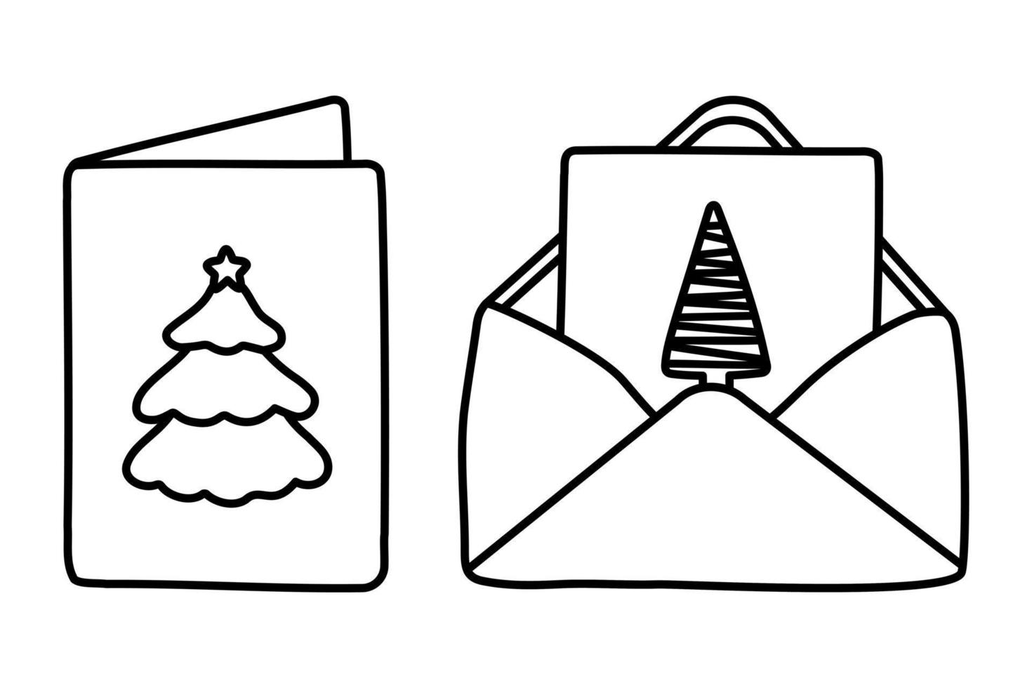 carte-cadeau de nouvel an et de noël dessinée à la main avec sapin en lettre. doodle pour cartes de vœux, affiches, autocollants et design saisonnier. vecteur