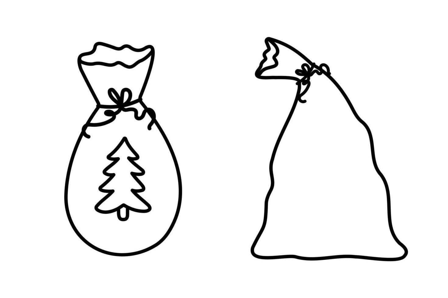 sacs de père noël doodle. gros sacs de noël avec ruban jaune. notion de vacances d'hiver. vecteur