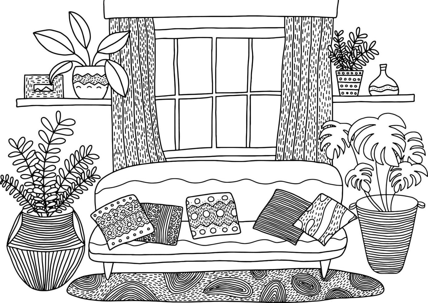 page de coloriage de salon confortable. design d'intérieur de salon. joli livre de coloriage pour enfants et adultes vecteur