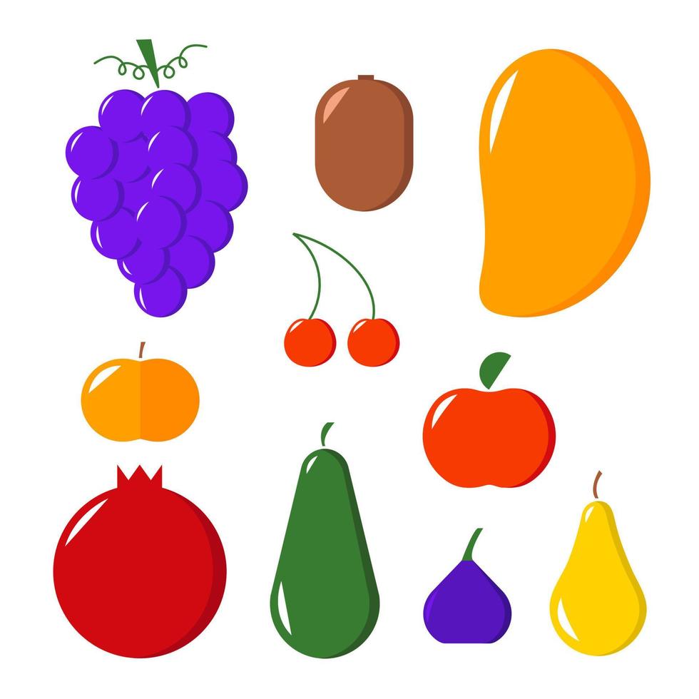ensemble de style plat de fruits vectoriels. illustration plate de fruits colorés. raisin, kiwi, mangue, cerise, grenade, pêche, figue, avocat, poire, pomme vecteur
