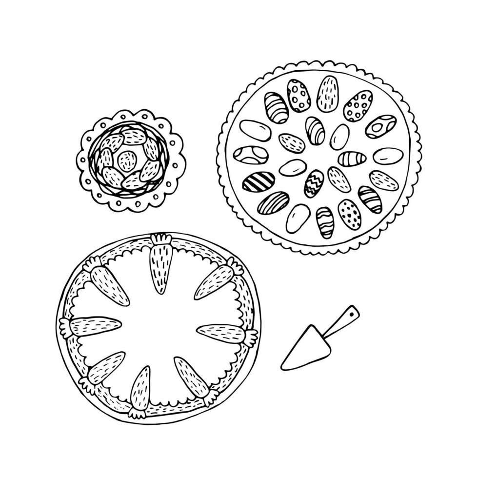 doodle plats de pâques sur fond blanc. vecteur gâteau aux carottes de pâques, assiette avec des oeufs. vue de dîner de vacances au-dessus de la page de coloriage.