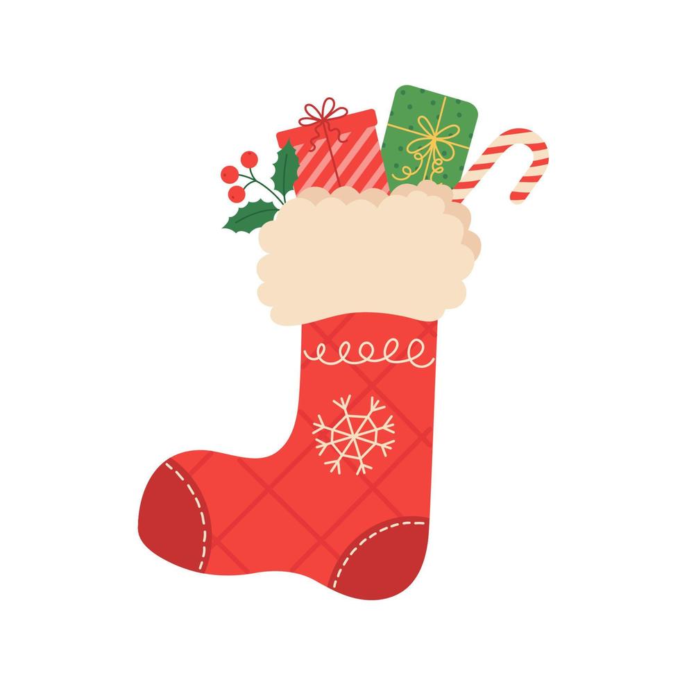 un bas de Noël avec des bonbons et des cadeaux. illustration vectorielle de dessin animé plat. vecteur