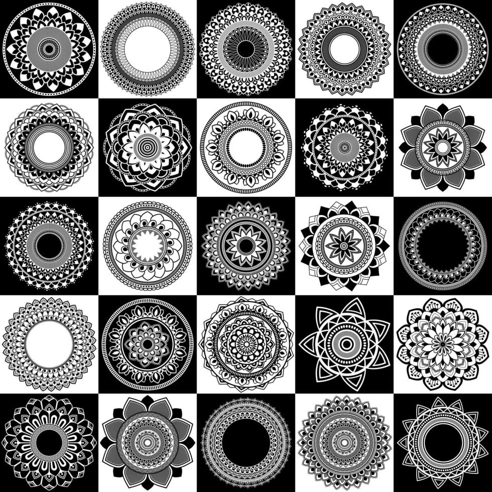 méga ensemble de dessins de mandala floral noir et blanc illustration vectorielle vecteur