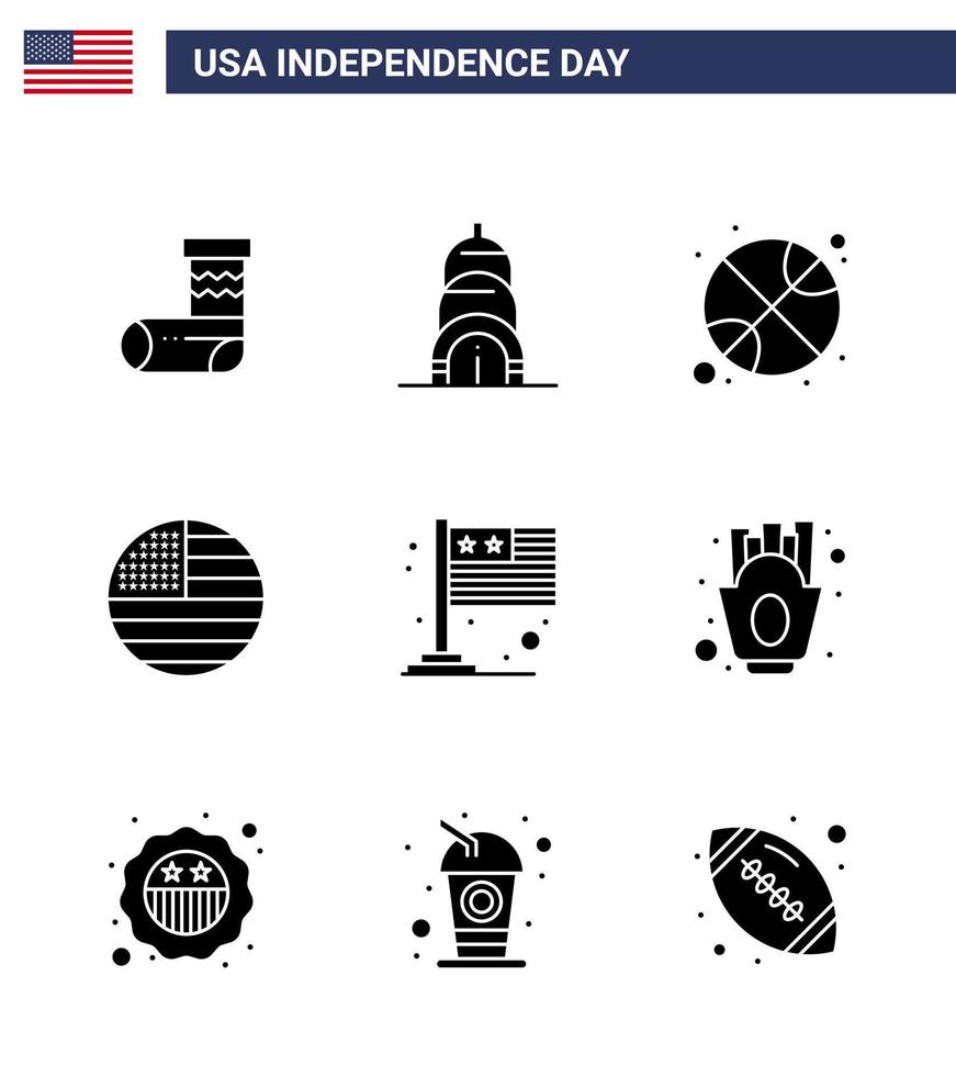 pack de 9 signes de glyphes solides de célébration de la fête de l'indépendance des états-unis et symboles du 4 juillet tels que le ballon de pays international drapeau des états-unis éléments de conception vectoriels modifiables de la journée des états-unis vecteur