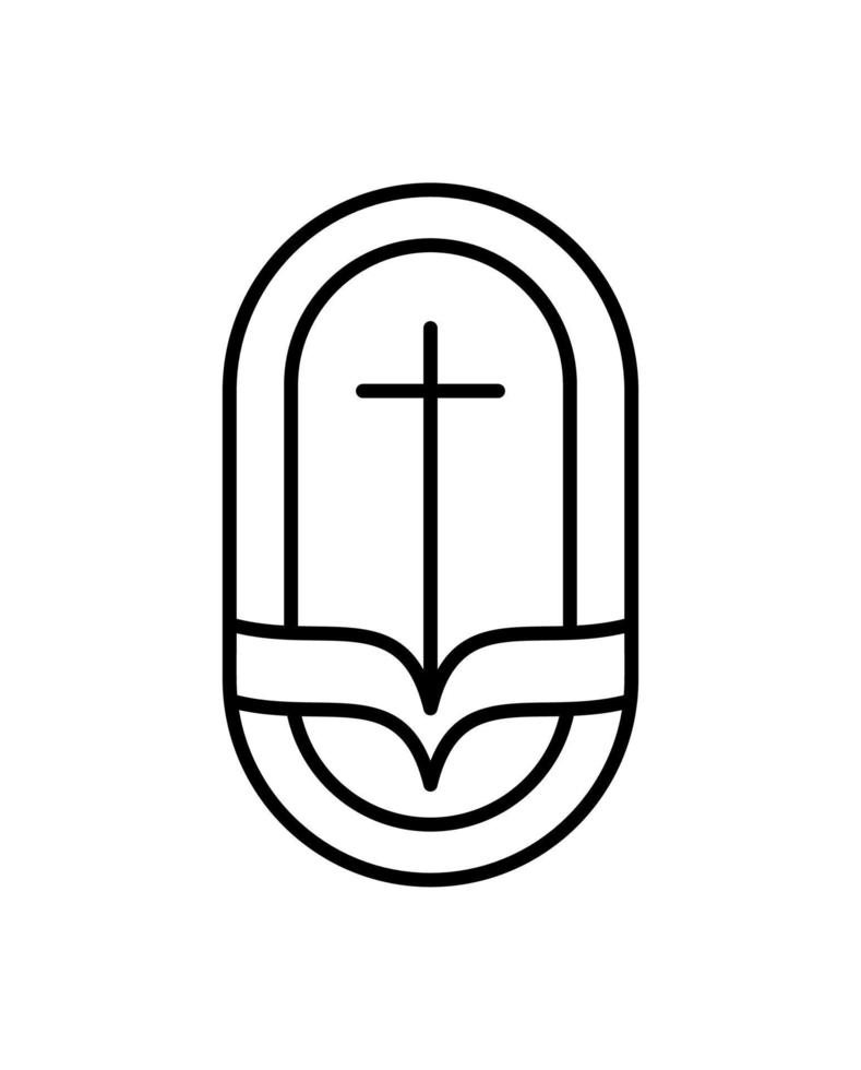 croix de ligne de religion et bible à livre ouvert à l'église. illustration d'icône de logo vectoriel isolée. jésus christ sur le calvaire est le centre du christianisme. dieu pardon et amour pour les gens