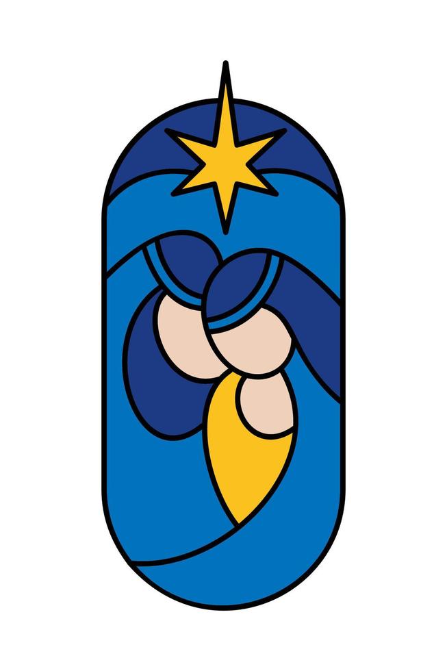 vecteur couleur noël scène de la nativité religieuse chrétienne de l'enfant jésus avec marie, joseph et étoile en rond. croquis d'icône de logo. griffonnage illustration dessinée à la main