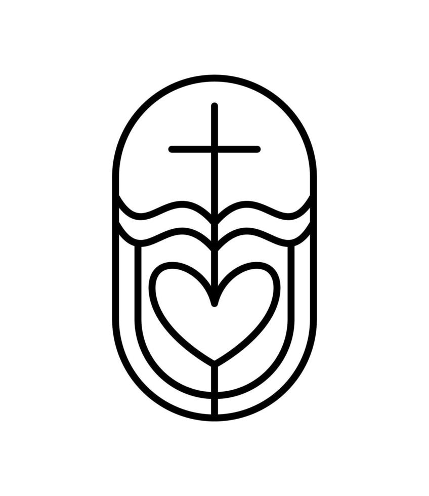 croix de ligne de religion, coeur et bible de livre ouvert dans l'église. illustration d'icône de logo vectoriel isolée. jésus christ sur le calvaire est le centre du christianisme. Dieu pardonne et aime les gens