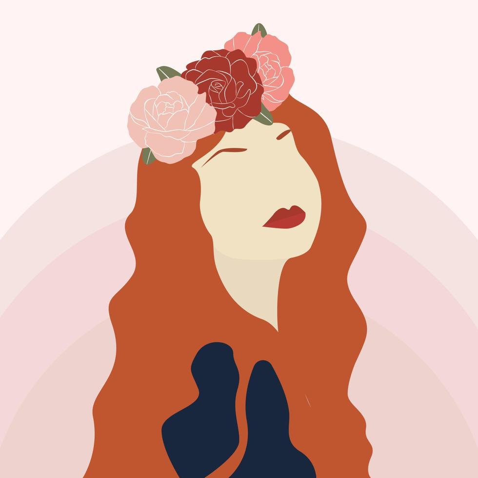 fille avec des fleurs. illustration de printemps dans un style moderne branché. clipart femme abstraite. illustration vectorielle minimale. portrait contemporain. eps 10 vecteur