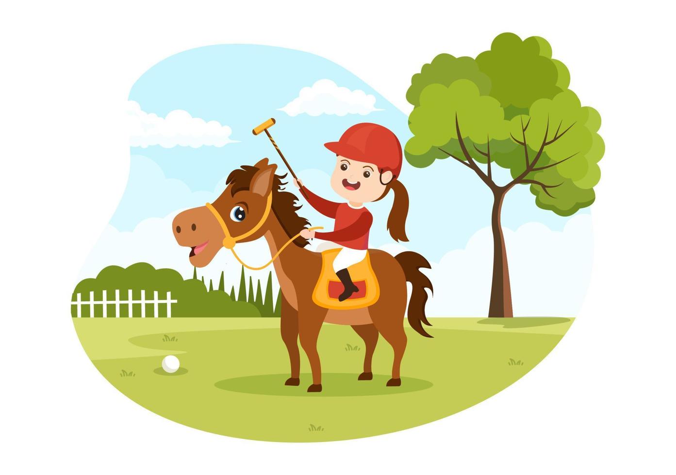 sport hippique de polo avec joueur d'enfants à cheval et tenant un équipement d'utilisation de bâton dans une affiche de dessin animé plat illustration de modèle dessiné à la main vecteur