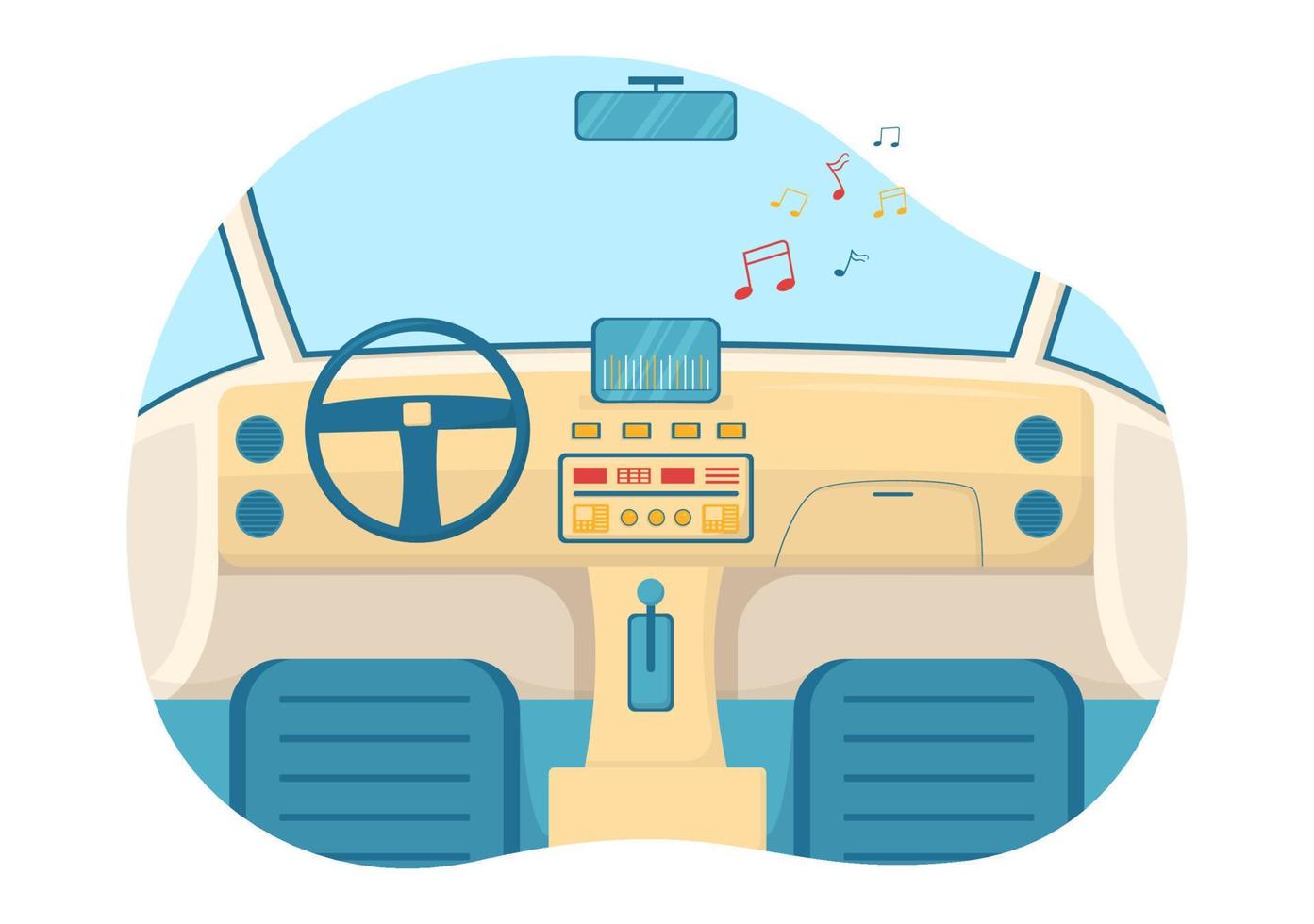 audio de voiture avec haut-parleurs, système audio ou automobile musicale dans une affiche de dessin animé plat illustration de modèles dessinés à la main vecteur