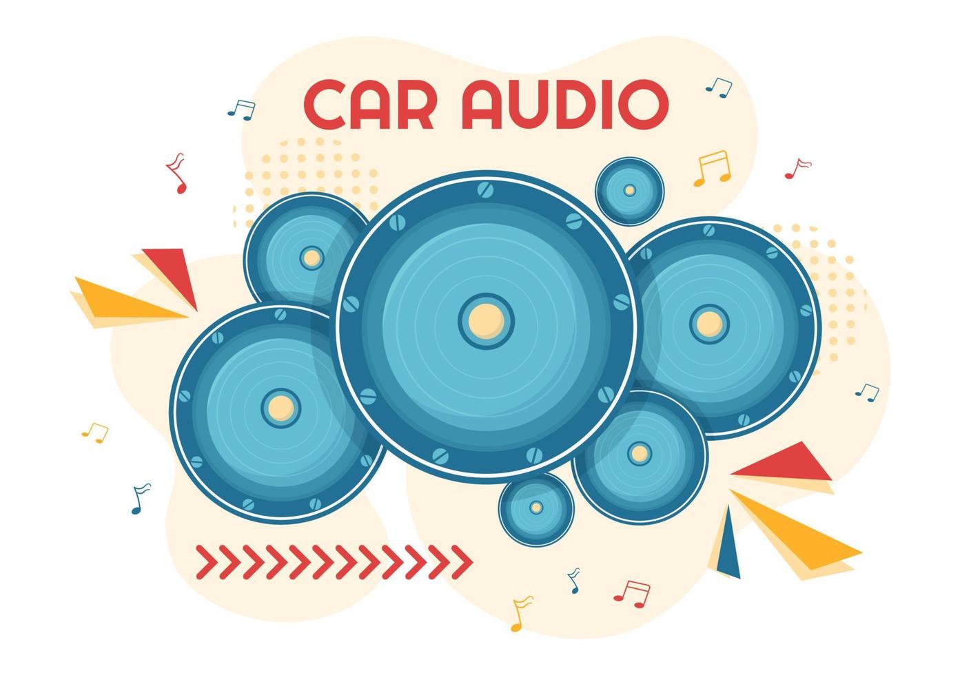 audio de voiture avec haut-parleurs, système audio ou automobile musicale dans une affiche de dessin animé plat illustration de modèles dessinés à la main vecteur