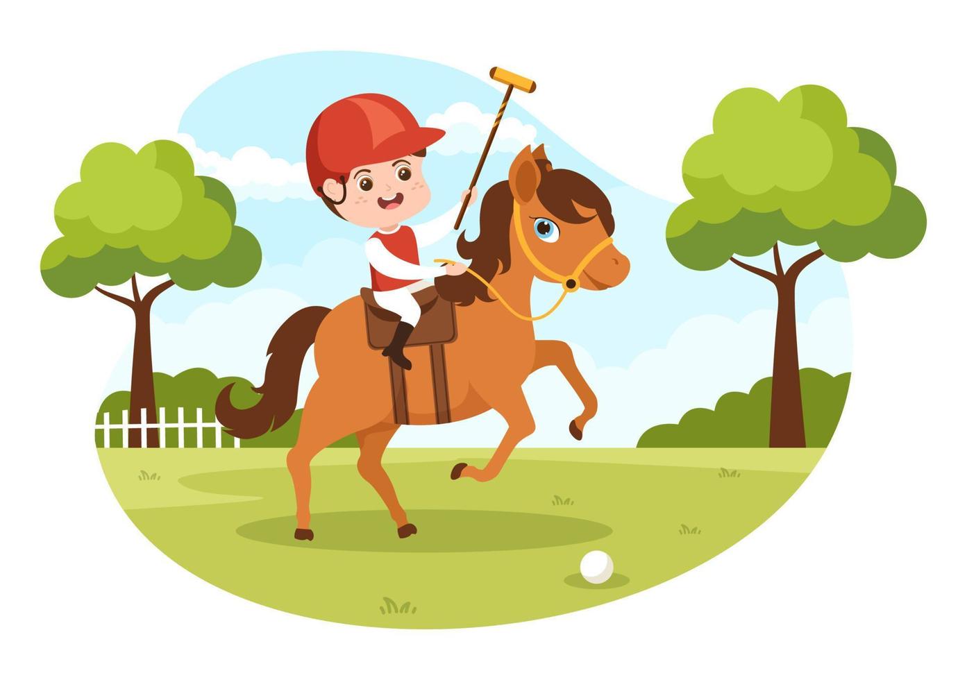 sport hippique de polo avec joueur d'enfants à cheval et tenant un équipement d'utilisation de bâton dans une affiche de dessin animé plat illustration de modèle dessiné à la main vecteur