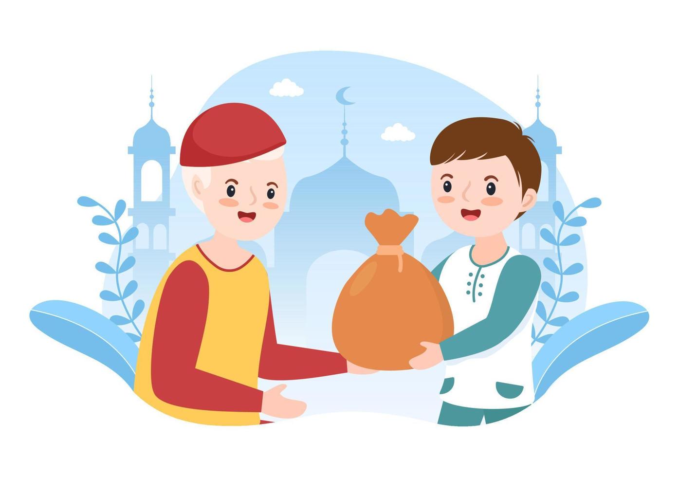 enfants musulmans donnant l'aumône, la zakat ou un don infaq à une personne qui en a besoin dans une affiche de dessin animé plat illustration de modèles dessinés à la main vecteur