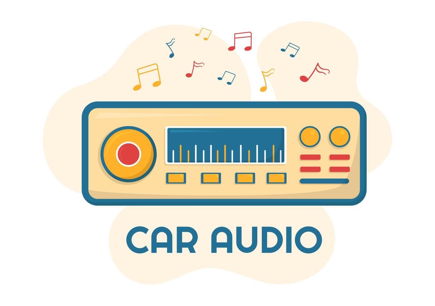 audio de voiture avec haut-parleurs, système audio ou automobile musicale dans une affiche de dessin animé plat illustration de modèles dessinés à la main vecteur