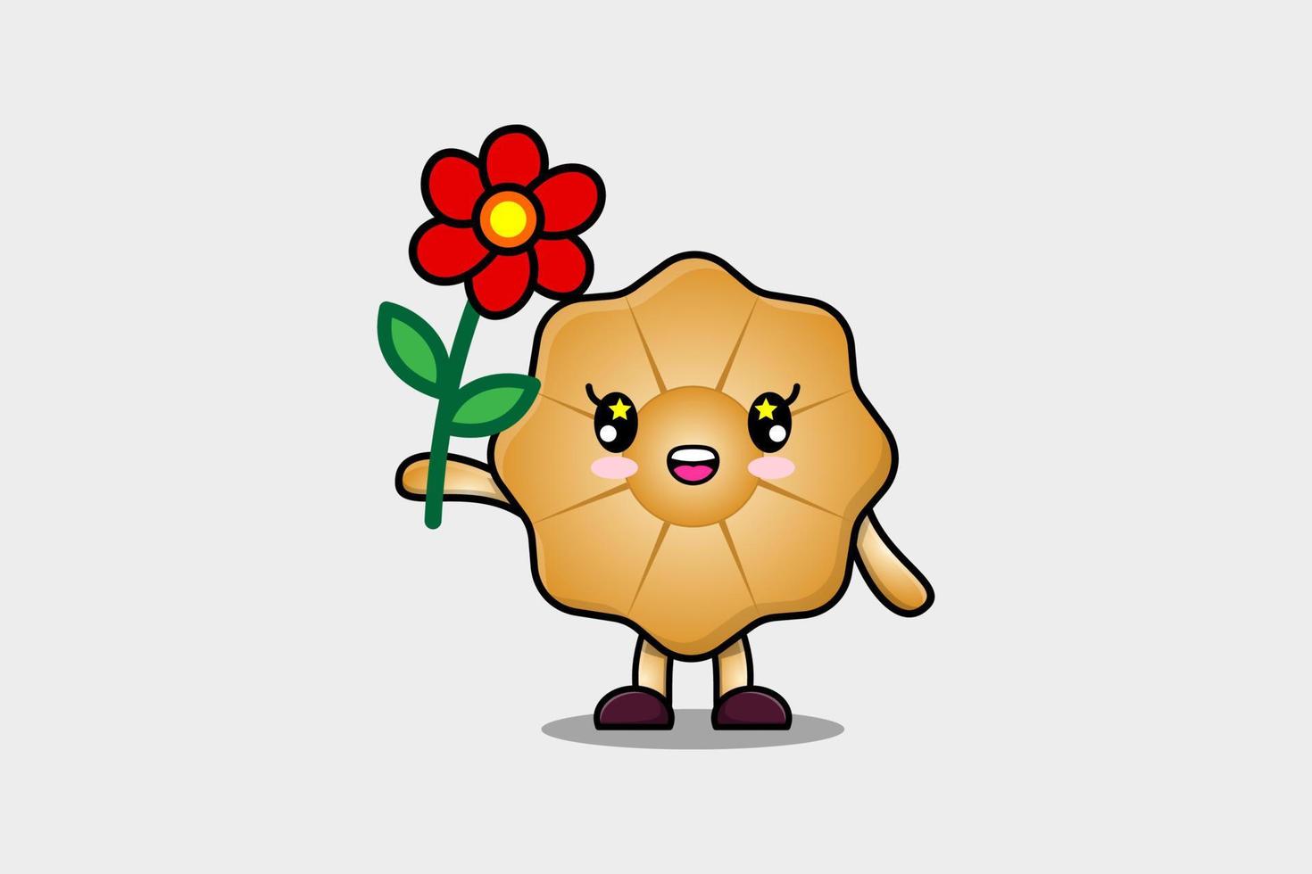 personnage de dessin animé mignon biscuits tenant une fleur rouge vecteur