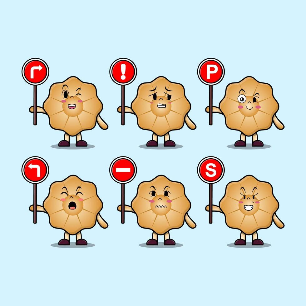 mignon, biscuits, dessin animé, caractère, tenir, panneau signalisation vecteur