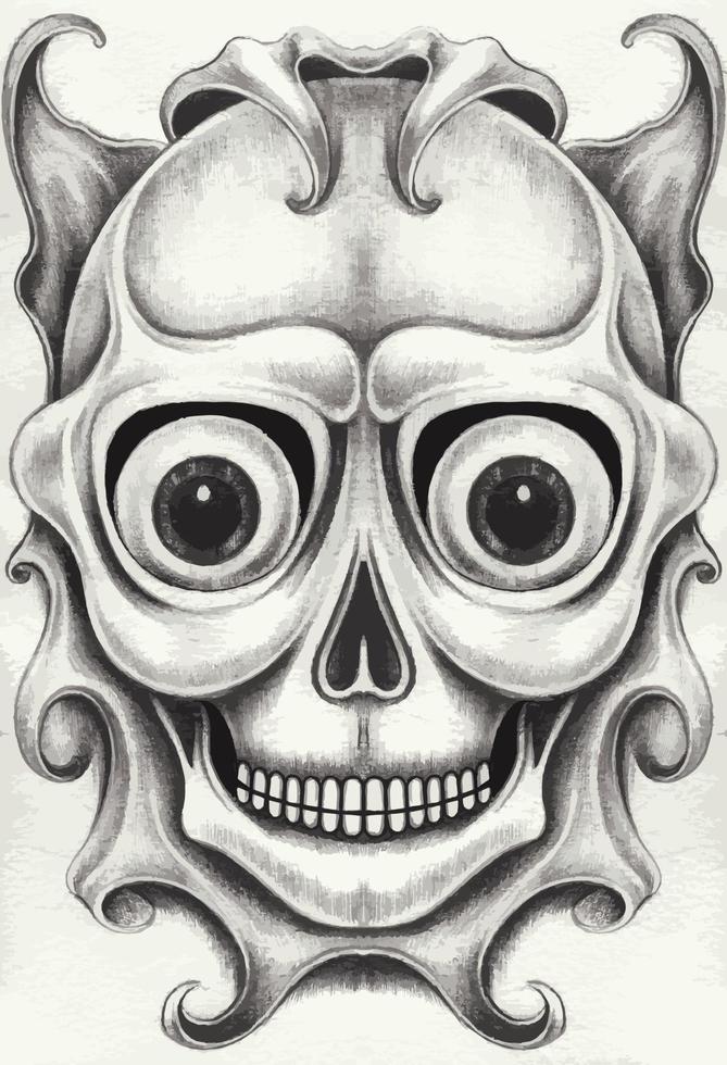 tatouage de crâne surréaliste d'art. dessin à la main et faire du vecteur graphique.