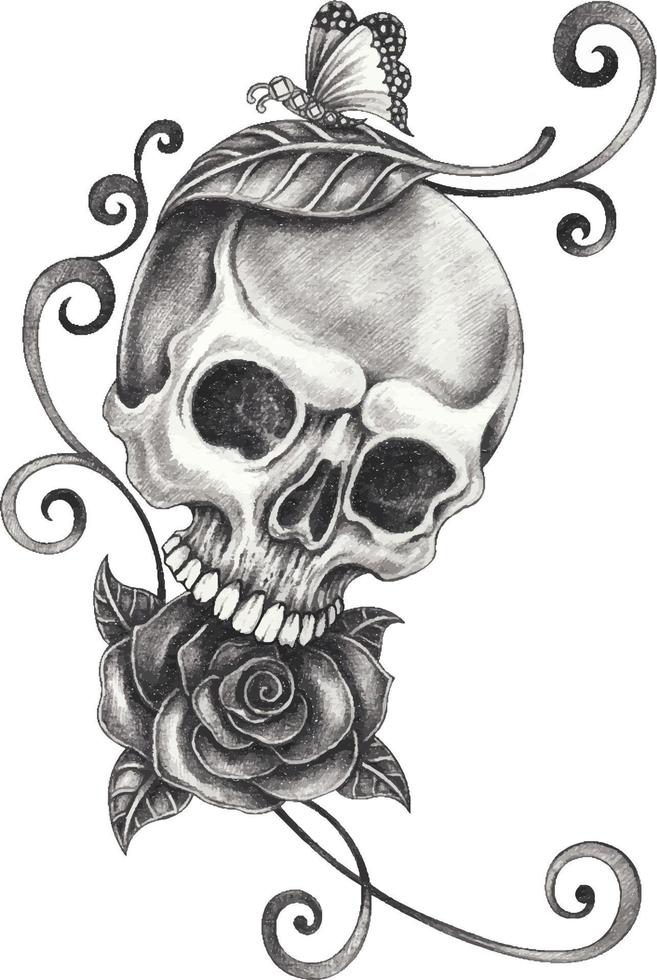 tatouage de crâne surréaliste d'art. dessin à la main et faire du vecteur graphique.