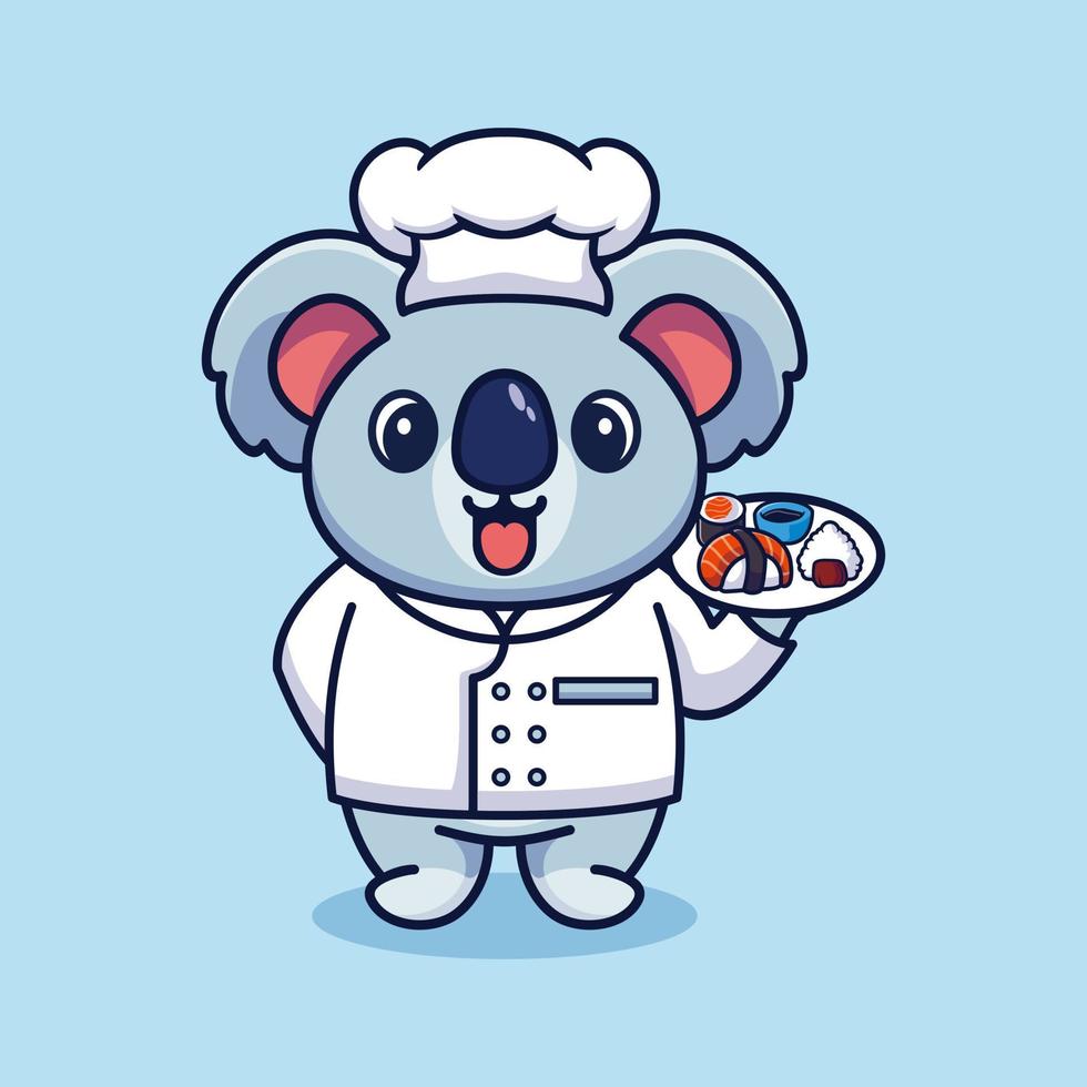 vecteur koala chef mascotte logo dessin animé mignon créatif kawaii. illustration d'animal mignon transportant de la nourriture de sushi