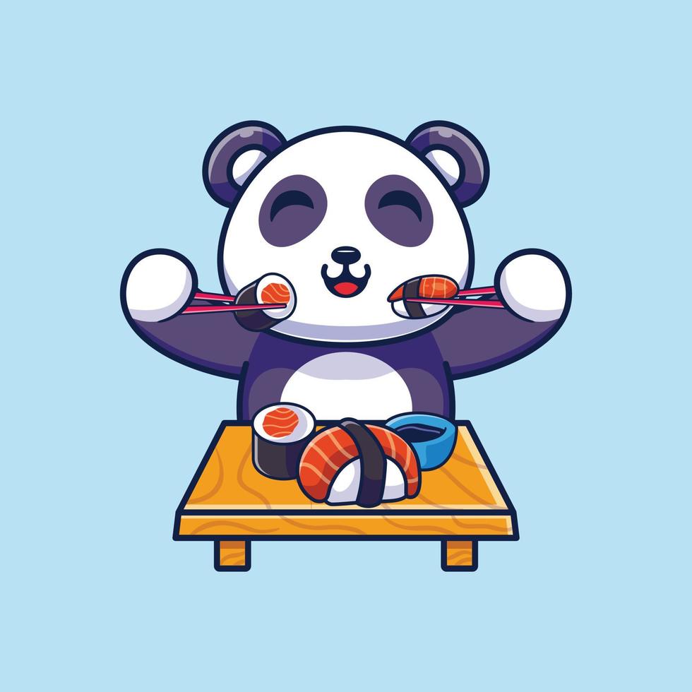 panda mignon mangeant des sushis avec illustration d'icône de dessin animé de baguettes vecteur