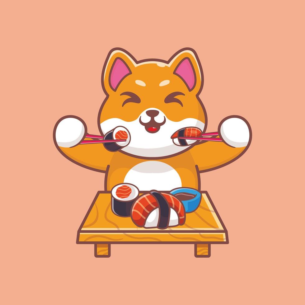 chien mignon mangeant des sushis avec des baguettes dessin animé icône illustration vecteur