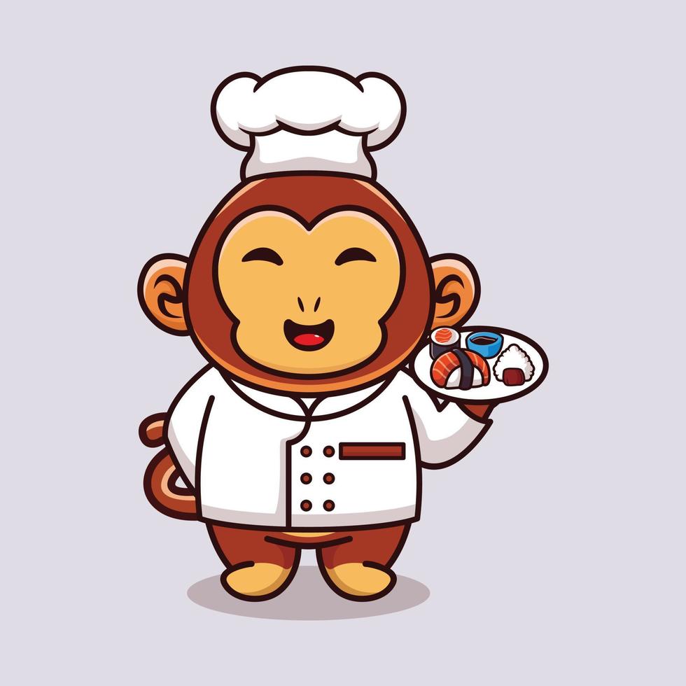 vecteur singe chef mascotte logo dessin animé mignon créatif kawaii. illustration d'animal mignon transportant de la nourriture de sushi