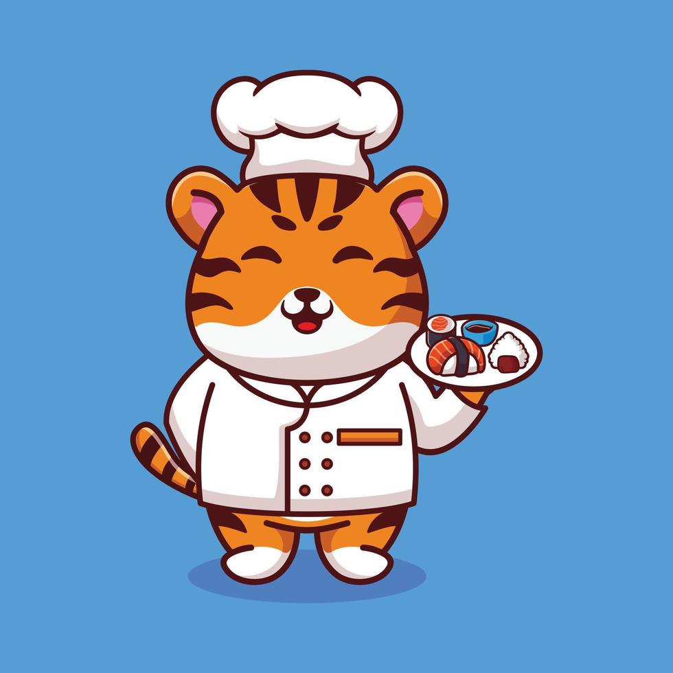 vecteur tigre chef mascotte logo dessin animé mignon créatif kawaii. illustration d'animal mignon transportant de la nourriture de sushi