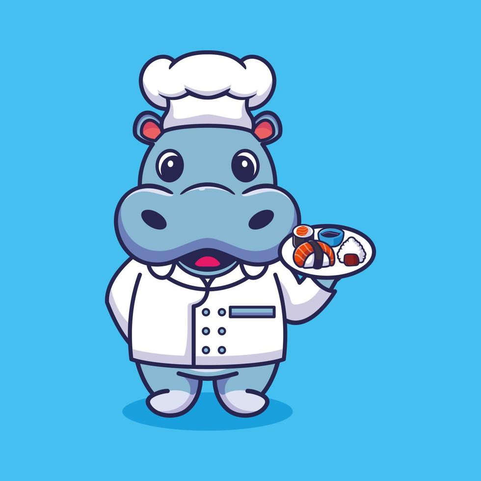 vecteur hippopotame chef mascotte logo dessin animé mignon créatif kawaii. illustration d'animal mignon transportant de la nourriture de sushi