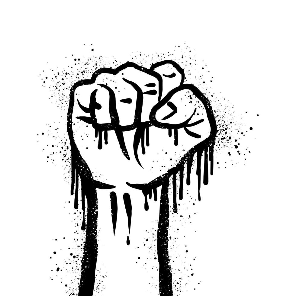 main de poing graffiti peinte à la bombe sur noir sur blanc. démonstration, symbole de goutte à goutte de protestation. isolé sur fond blanc. illustration vectorielle vecteur