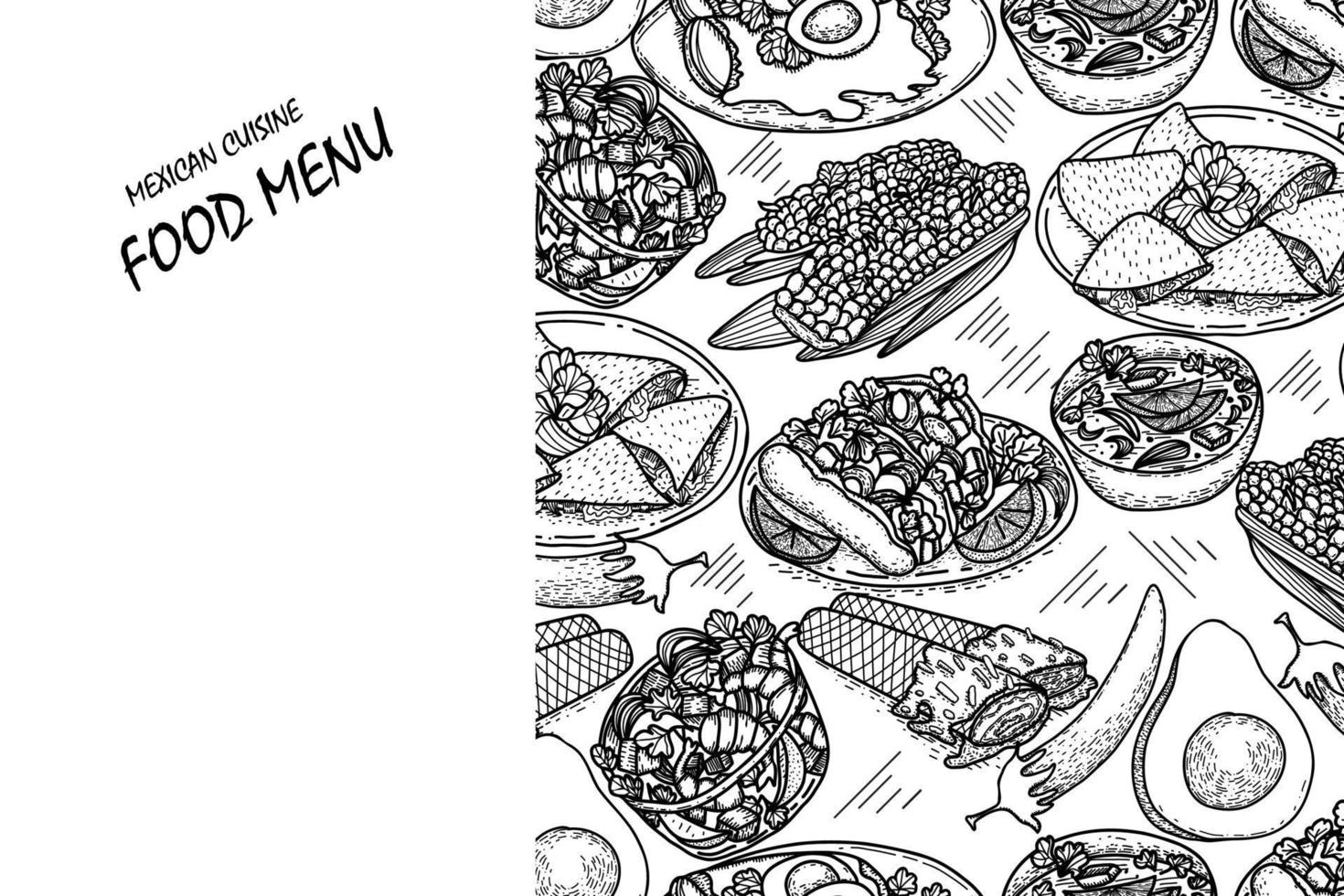 modèle de menu alimentaire vectoriel, cuisine latino-américaine. croquis vintage noir et blanc dessinés à la main de la cuisine mexicaine. vecteur