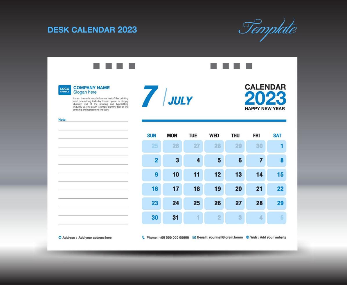 conception de calendrier de bureau 2023, modèle de juillet 2023, modèle de calendrier 2023, planificateur, simple, conception de calendrier mural, la semaine commence le dimanche, impression, publicité, fond bleu, image vectorielle vecteur