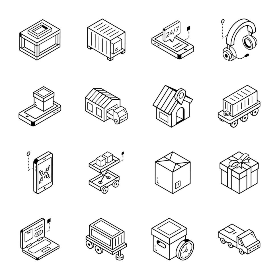 pack d'icônes de ligne isométrique de fret et de logistique vecteur