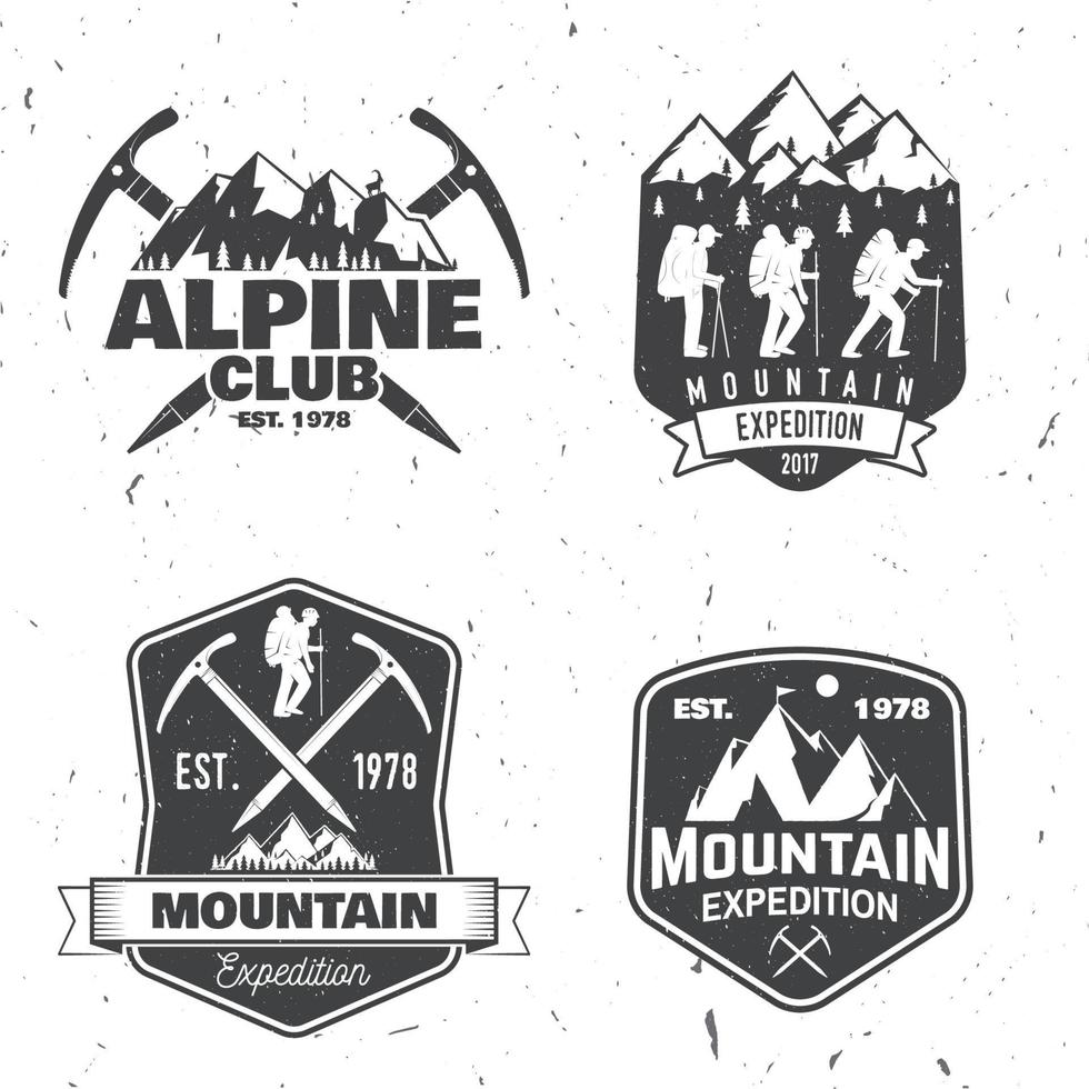 conception de typographie vintage avec alpinistes et silhouette de montagne. vecteur