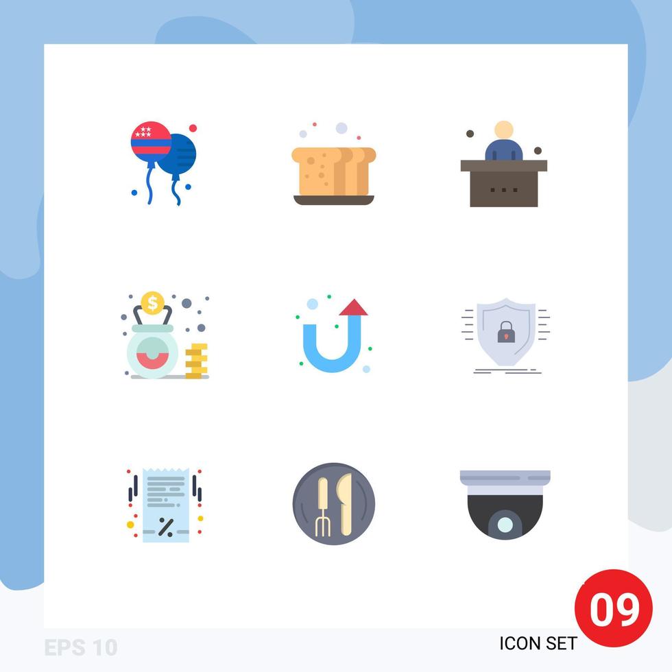 interface mobile couleur plate ensemble de 9 pictogrammes d'éléments de conception vectoriels modifiables pour étudiant de sac de repas de financement en espèces vecteur