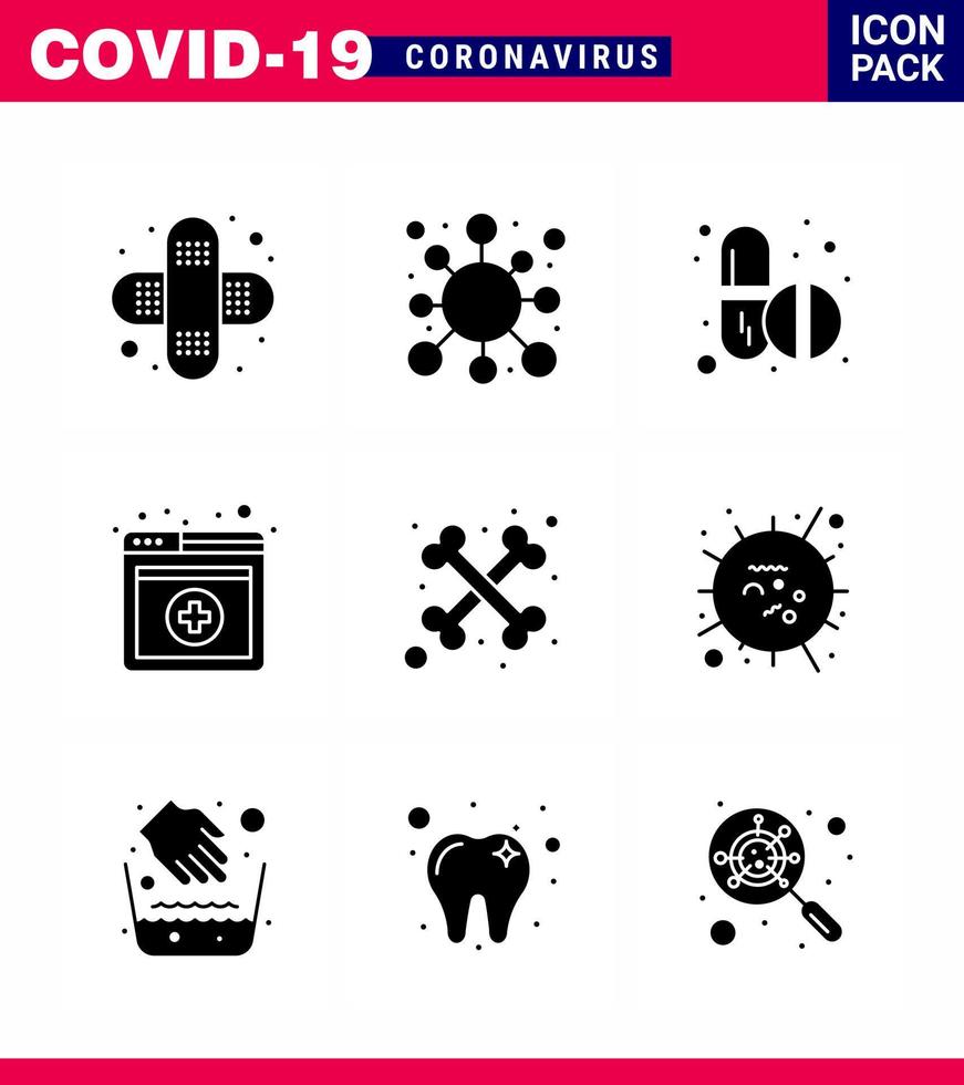 icône de sensibilisation au coronavirus 9 icônes noires de glyphe solide icône incluse squelette os services de médecine coronavirus viral médical 2019nov éléments de conception de vecteur de maladie