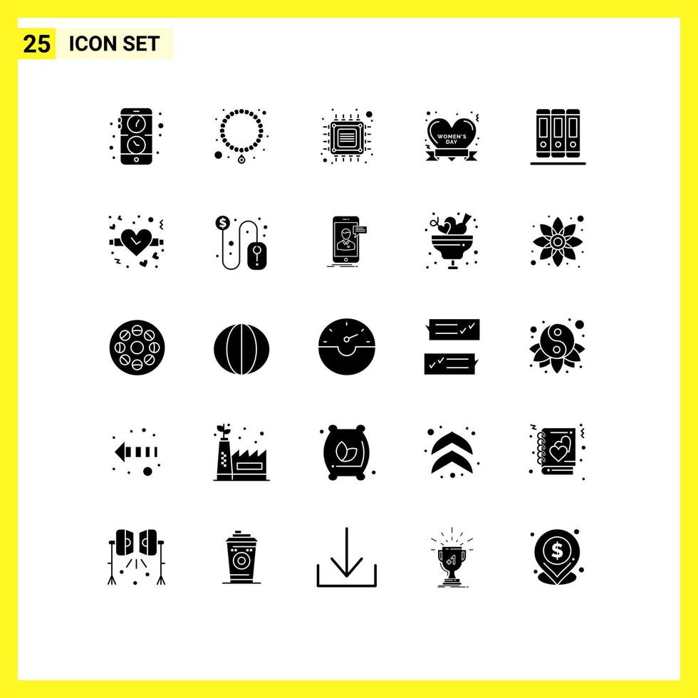 groupe de 25 signes et symboles de glyphes solides pour l'éducation journée de la femme ordinateur heureux insigne éléments de conception vectoriels modifiables vecteur