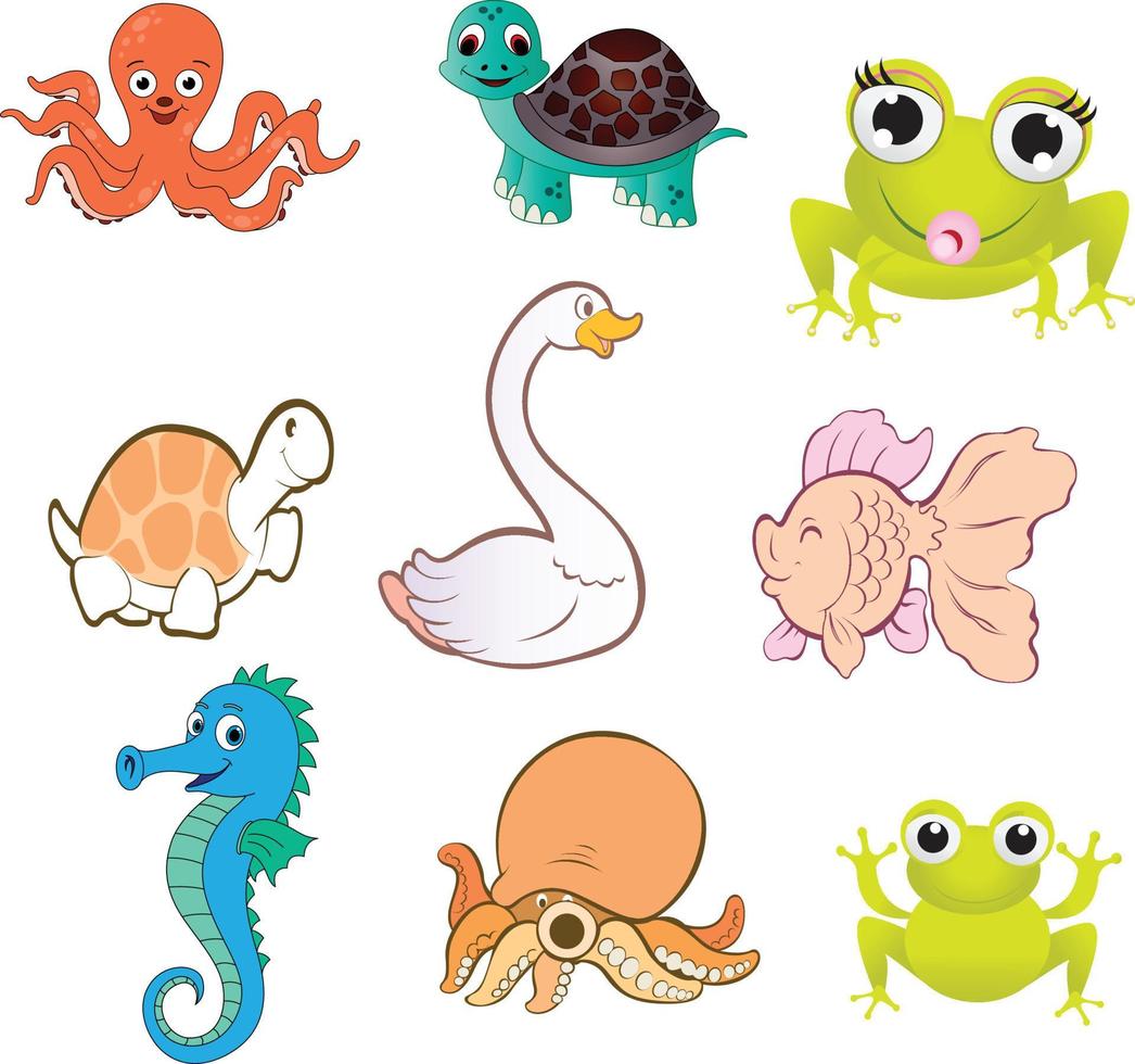 collection de décalcomanies d'autocollants de personnage de dessin animé enfants mignons animaux de mer eau vecteur