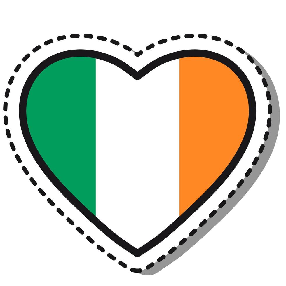 drapeau irlande coeur autocollant sur fond blanc. insigne d'amour de vecteur vintage. élément de conception de modèle. fête nationale. signe de voyage.