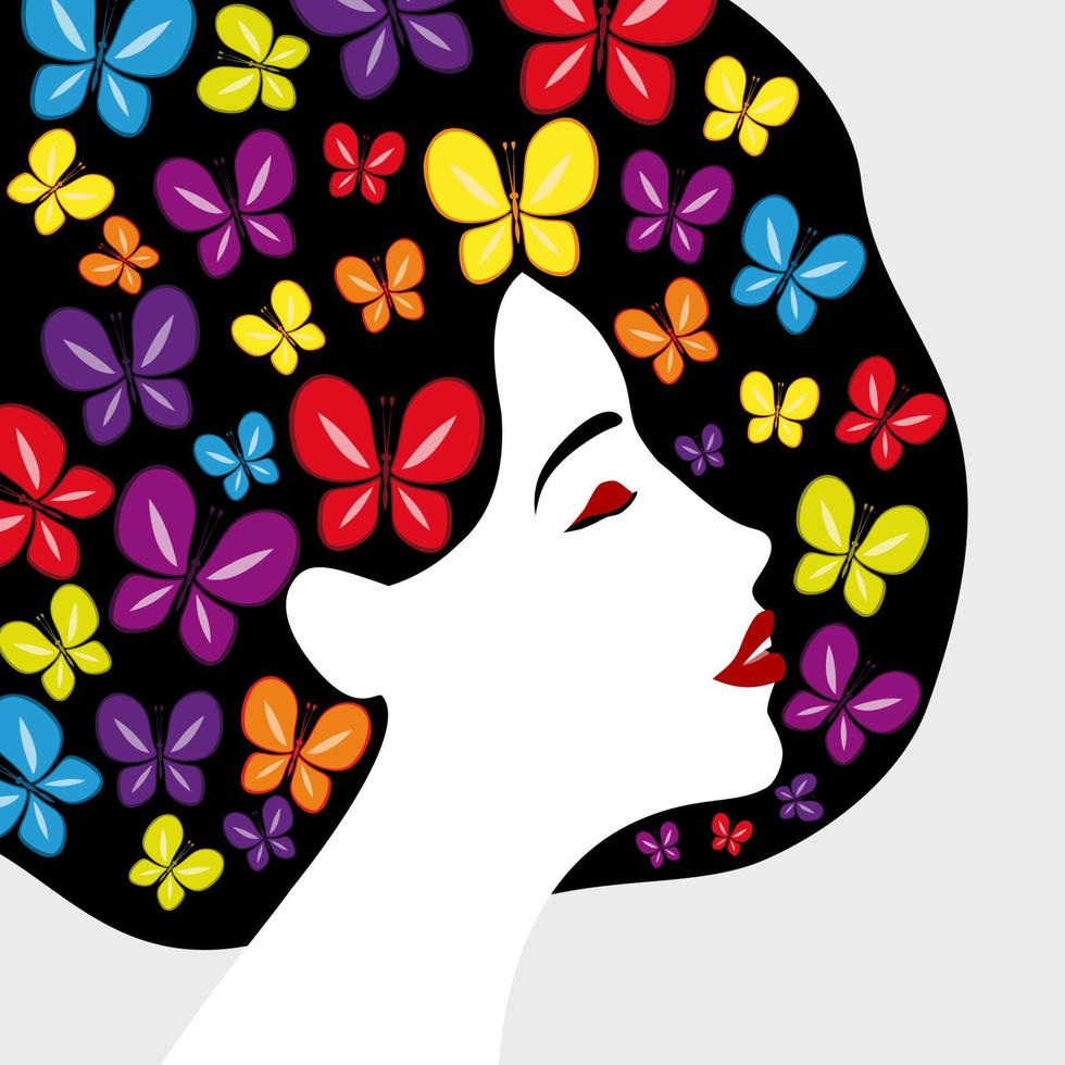 beau profil de femme. visage de beauté aux cheveux de papillons multicolores, lèvres rouges. illustration vectorielle avec place pour votre texte. vecteur