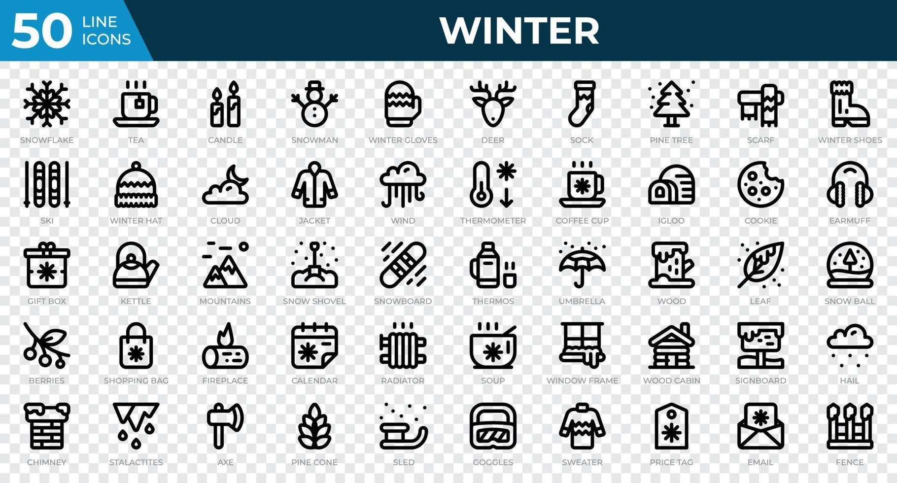 icônes d'hiver dans le style de ligne. flocon de neige, thé, pull. collection d'icônes de contour. symbole de vacances. illustration vectorielle vecteur